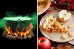 A cauldron over a fire with green smoke on the left; a plate with apple pie and apple slices on the right