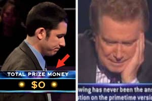 Two contestants on a game show looking disappointed; one with a '$0' prize total