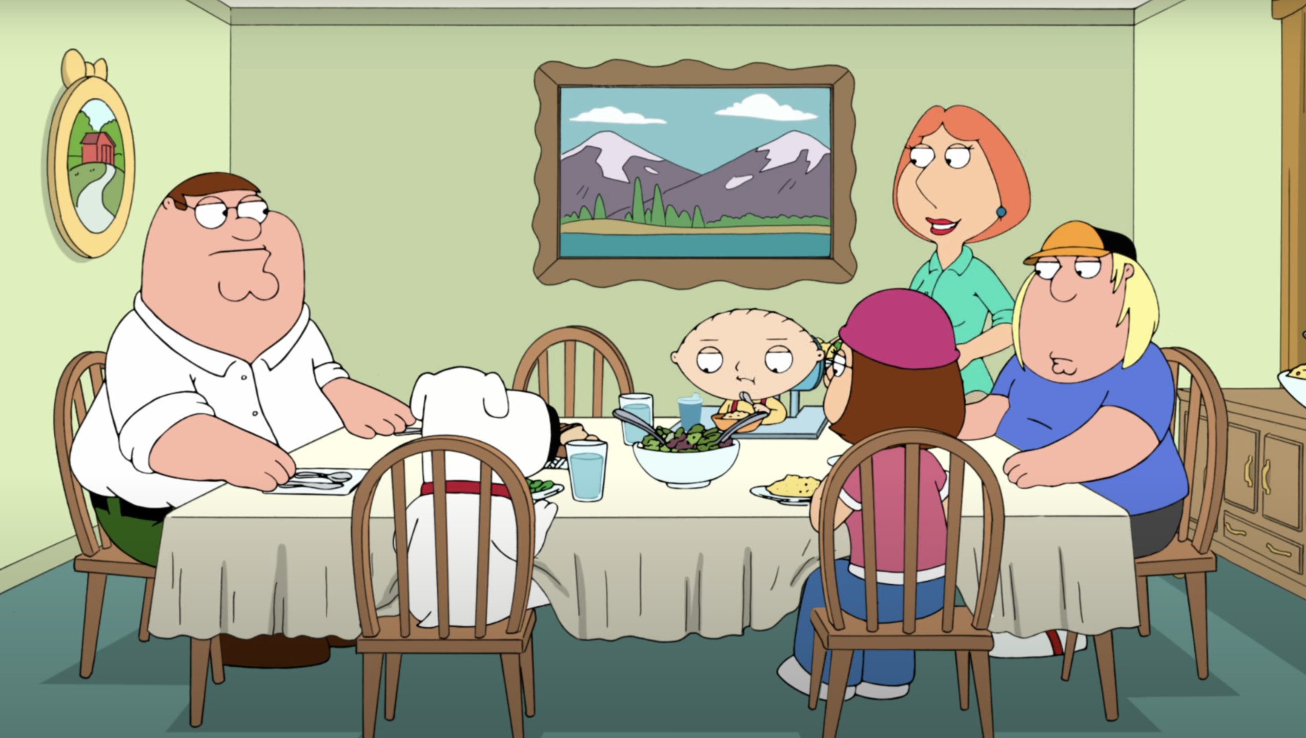 Peter, Lois, Meg, Stewie, and Chris Griffin sitting at the dining table in a scene from the animated show Family Guy