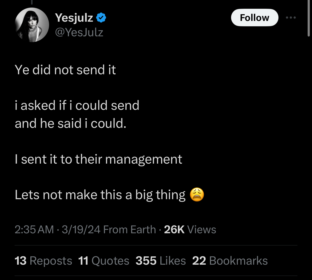 Tweet by @YesJulz discussing sending something to an unspecified recipient with consent, and contacting their management, implying a plea to not escalate the issue