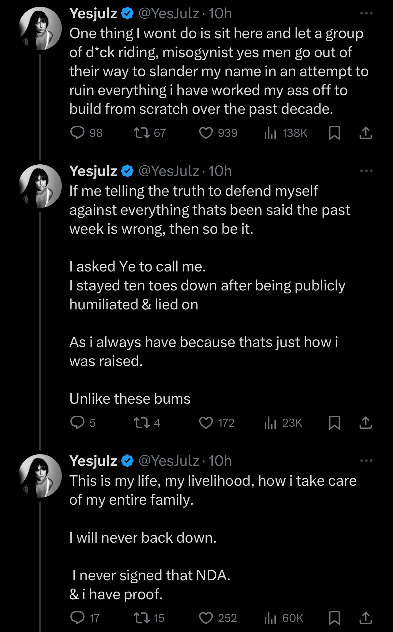 A series of tweets from YesJulz discussing overcoming negativity, being undeterred by public humiliation, and staying true to oneself