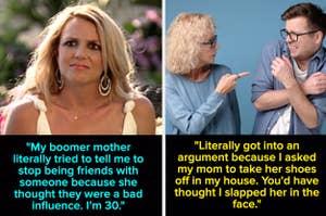 Two split images: left with upset woman and quote about her mom, right with an older woman lecturing a young man with quote about an argument