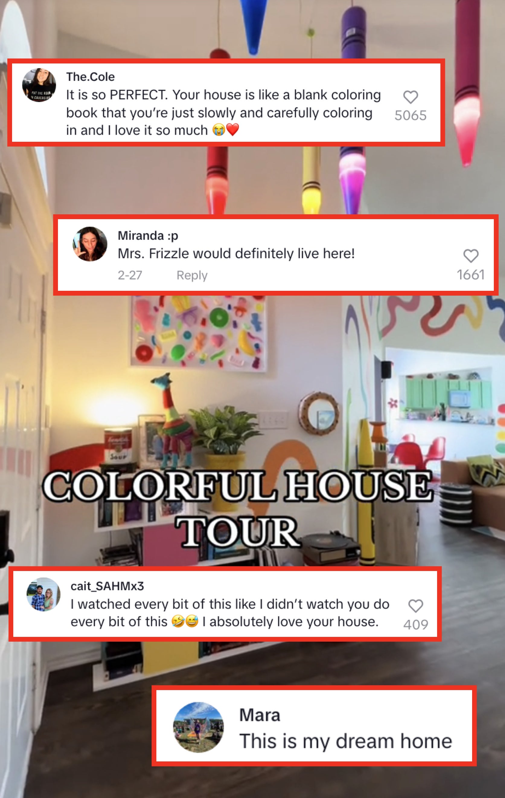 Brightly decorated room with pencils hanging from ceiling and vibrant wall art, labeled &#x27;COLORFUL HOUSE TOUR&#x27; with comments from the video of fans complimenting her space and saying they love it