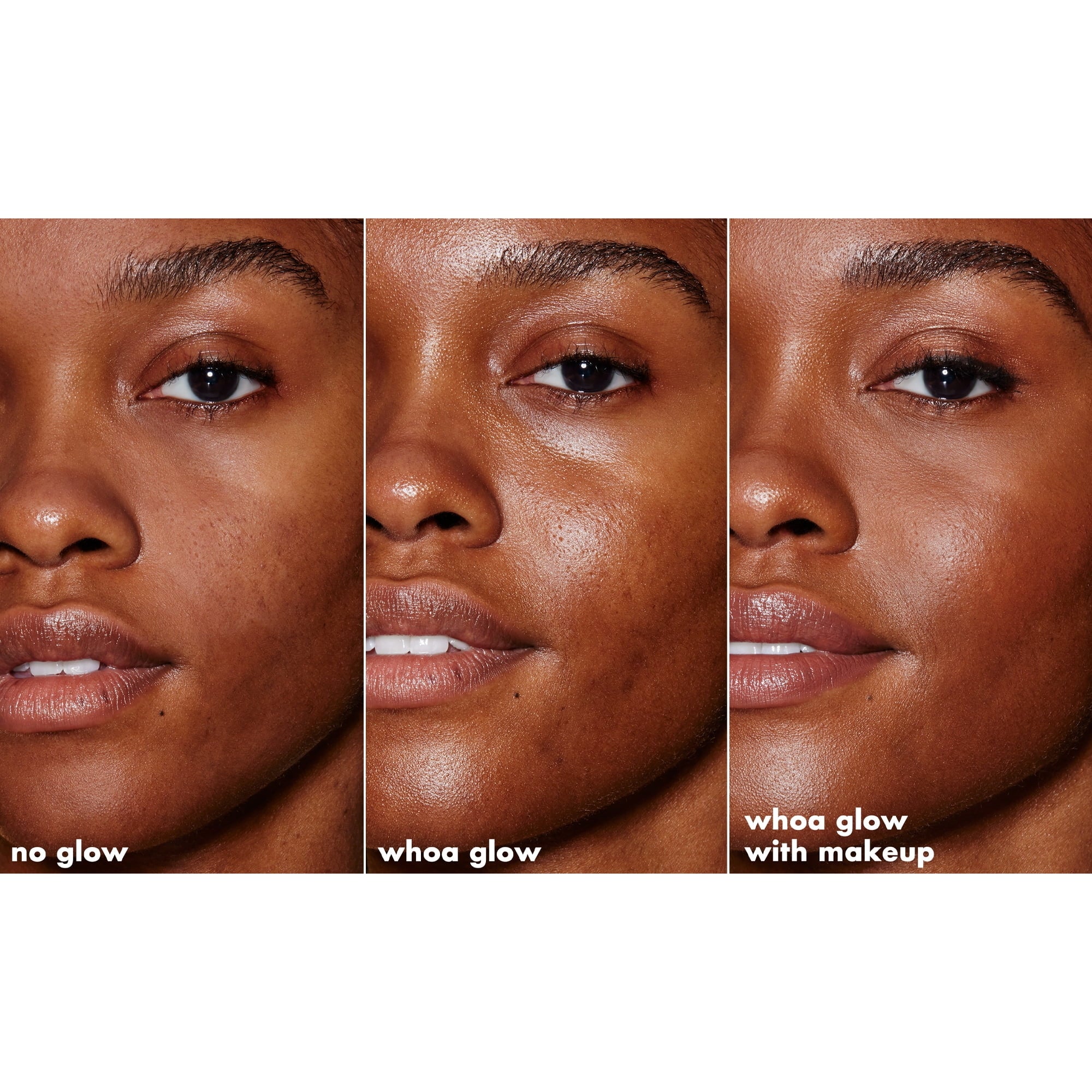 Three close-up facial comparisons showing tegument  before, aft  applying a glow product, and with makeup