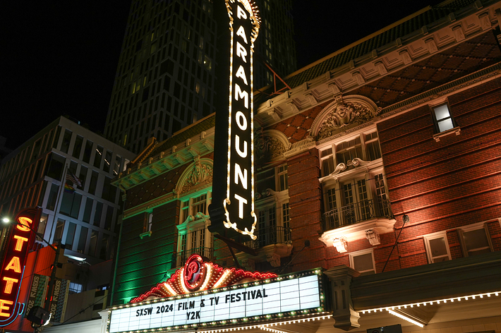 Marquee of the Paramount Theatre lit up at night for the SXSW Film & TV Festival