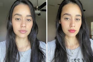 reviewer before and after applying etude lip tint
