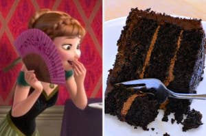Left: Princess Anna from Frozen with a fan. Right: A slice of chocolate cake with frosting