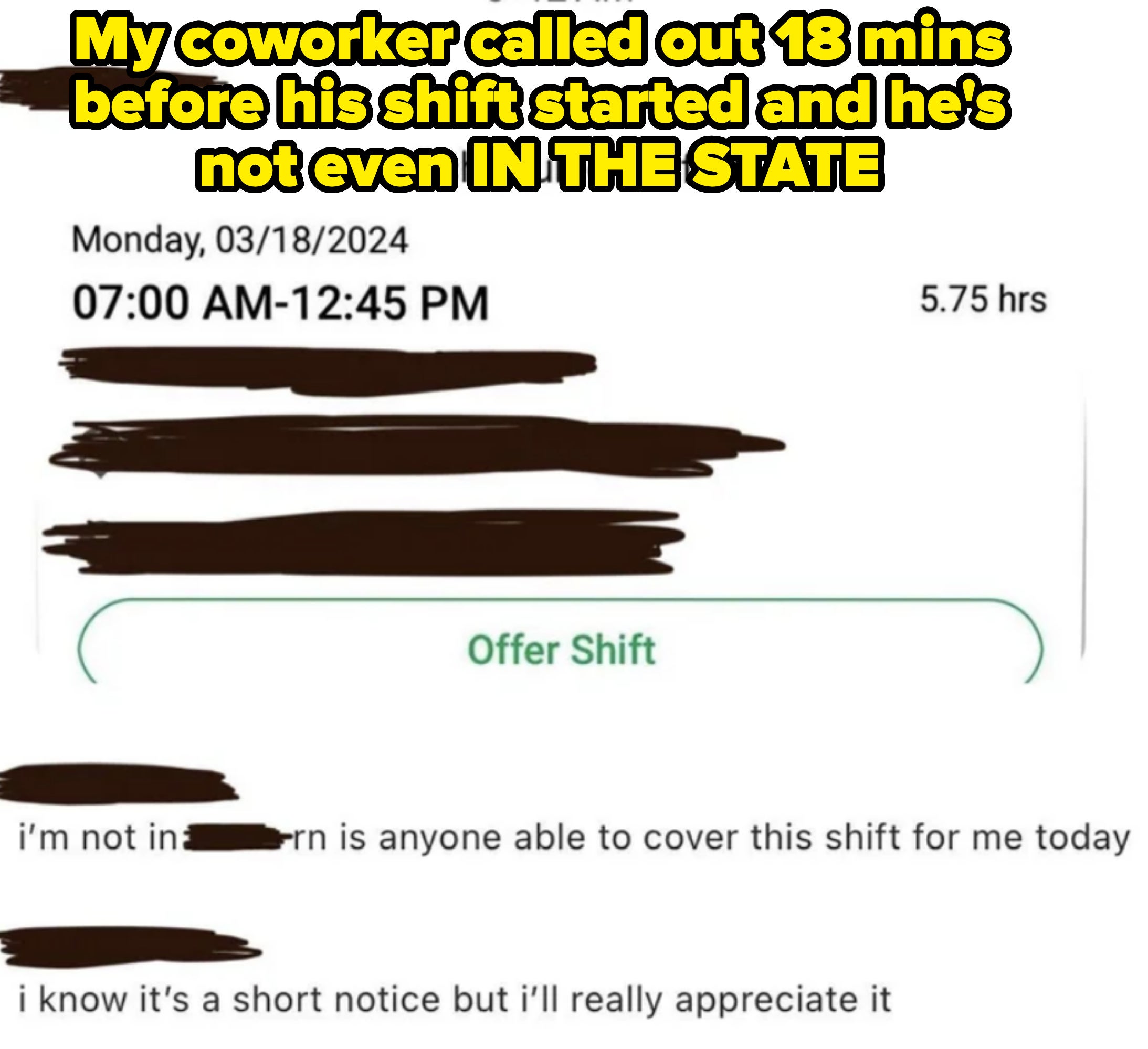 Work shift schedule screenshot with a plea for someone to cover a shift due to short notice unavailability