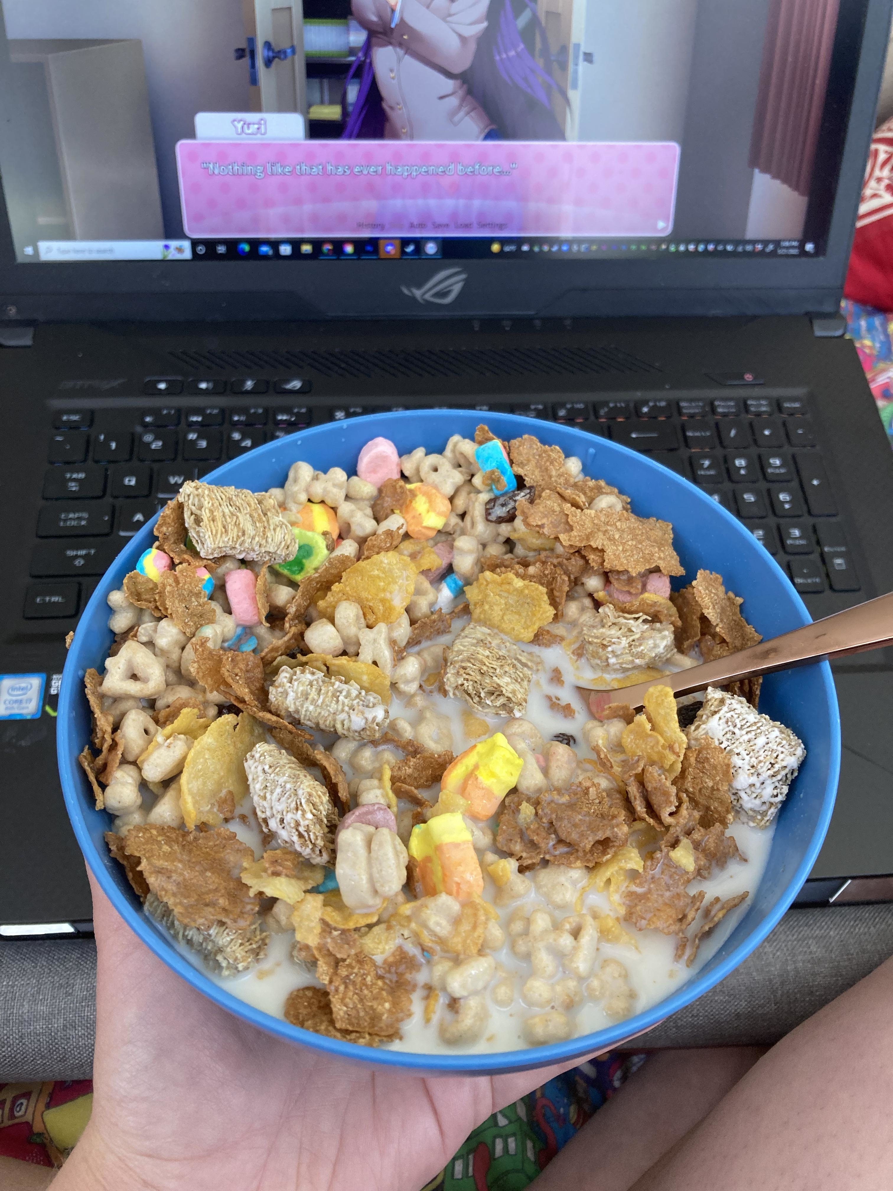 A person holding a bowl of cereal with. milk in front of a laptop screen