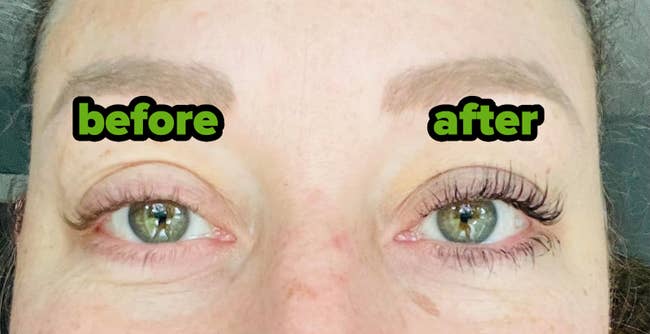 A reviewer showing the difference of mascara on one eye vs none of the other eye