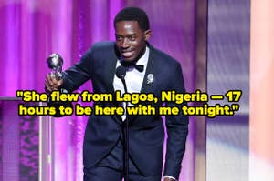 Man in a suit holding an award on stage with a quote about someone traveling from Lagos to be with him