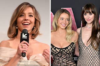 Two women, one in off-the-shoulder outfit speaking at a mic, and another in a dress with a mesh and polka dots design