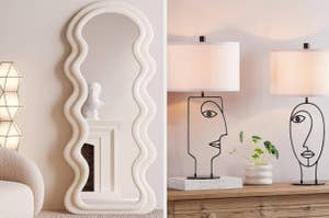 a wavy floor mirror / two lamps with bases made of contemporary face design