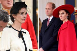 Kate Middleton in a vintage-inspired dress and hat with veil, Prince William in a suit, at a formal event