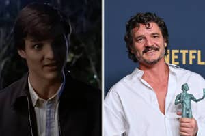 Side-by-side of young and current actor with wavy hair, one in dark attire, other in white shirt holding award