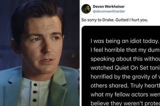 Devon Werkheiser in a suit, with an overlay of an apologetic tweet he posted