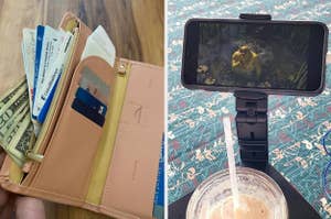 Left: Open wallet holding cards and cash; Right: Smartphone holder