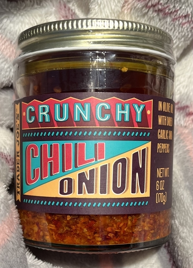 Jar of Trader Joe&#x27;s Crunchy Chili Onion with garlic and red peppers