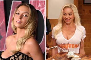 Two images of Sydney Sweeney: left in a black lace outfit, right in a Hooters uniform holding cash