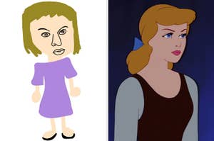 On the left, an illustration of someone in a purple dress, and on the right, Cinderella furrowing her brows