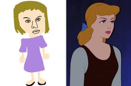 On the left, an illustration of someone in a purple dress, and on the right, Cinderella furrowing her brows