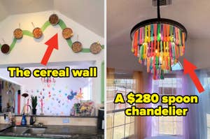 Creative kitchen decor with a wall of cereal boxes and a colorful spoon chandelier
