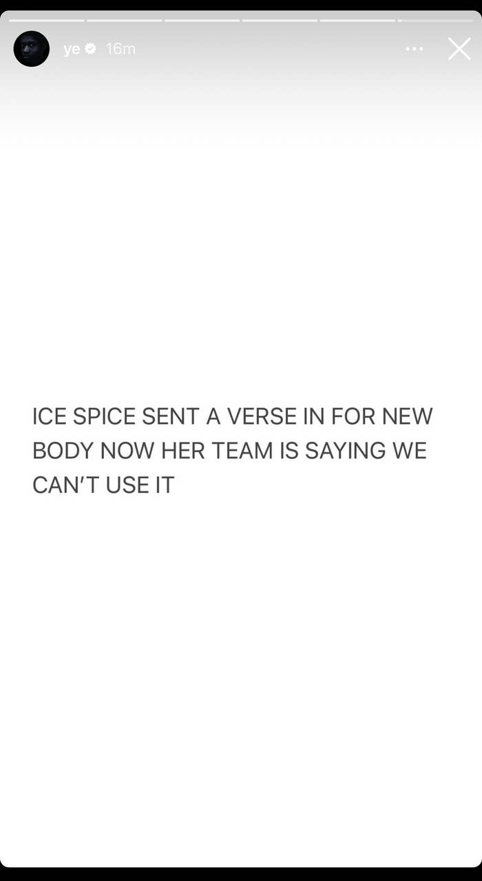 Social media post by user &#x27;ye&#x27; expressing a situation where artist Ice Spice&#x27;s verse for a new song cannot be used by her team