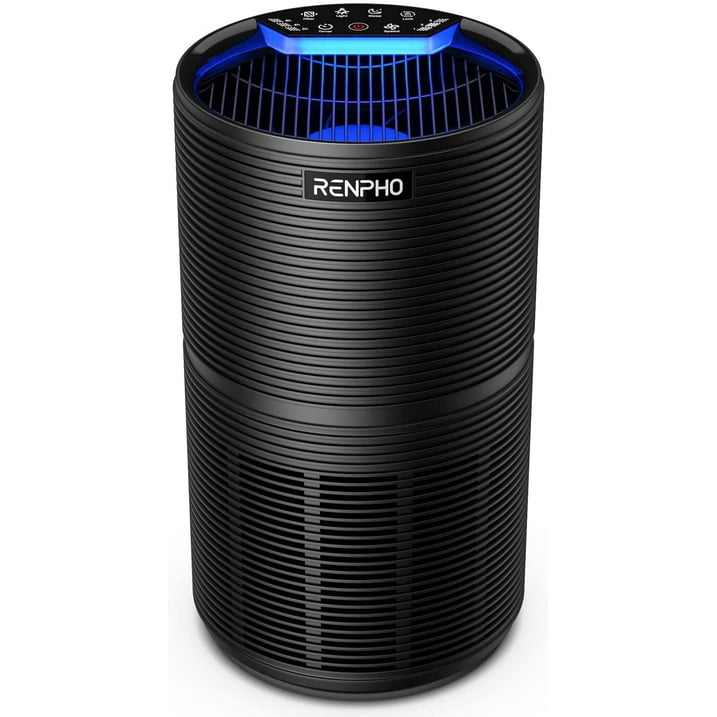 Renpho air purifier in a cylindrical design with a blue accented top