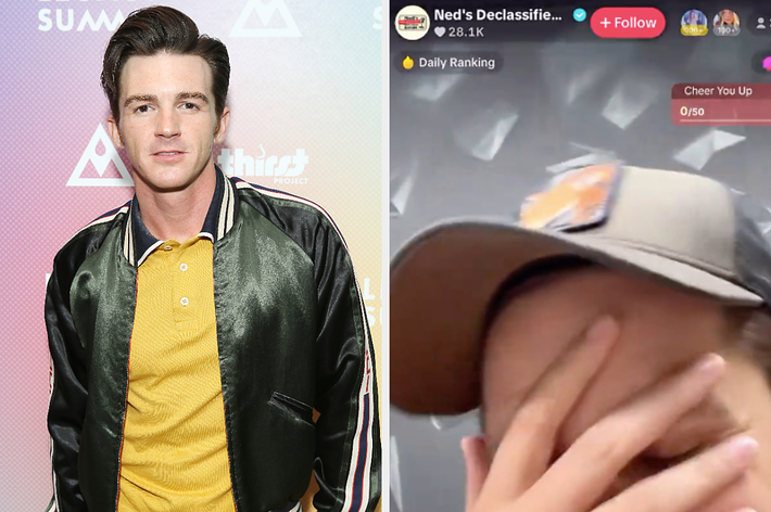 Two images: Left shows Drake Bell in a jacket and yellow shirt, right is a blurred selfie of someone covering their face