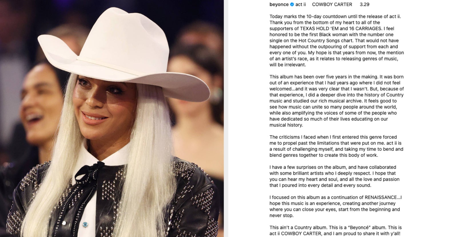 Beyoncé Happy Cowboy Carter albumát az ihlette, hogy nem érezte jól magát a country zenében