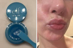e.l.f. skincare product next to a person with moisturized lips, showing product application result