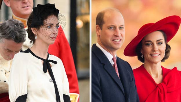Two images: Left shows a woman in black dress with white trim and veil, right shows a man and woman, woman in red outfit and wide-brim hat