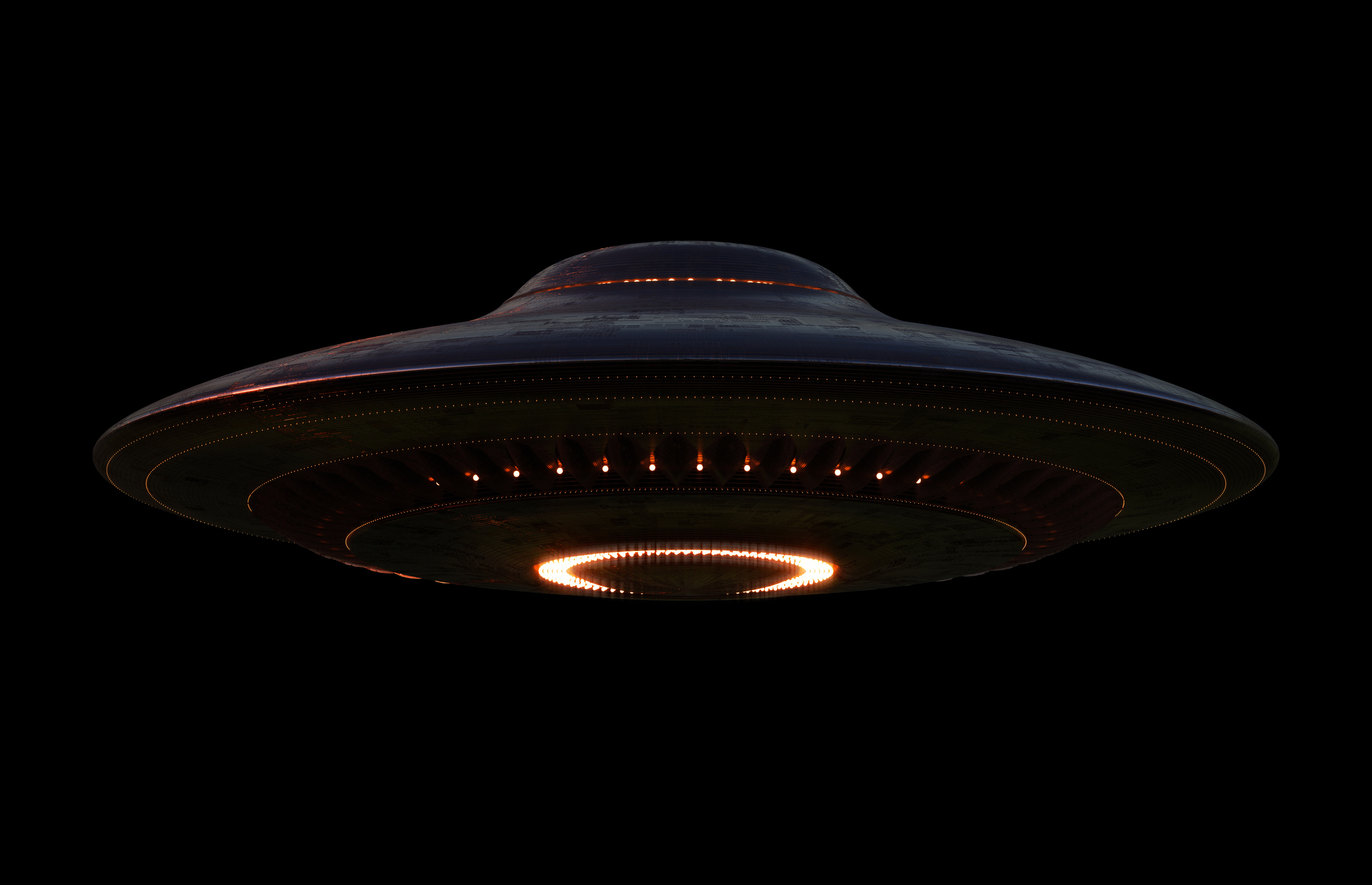Illustration of a UFO with illuminated circular patterns on its underside against a dark background