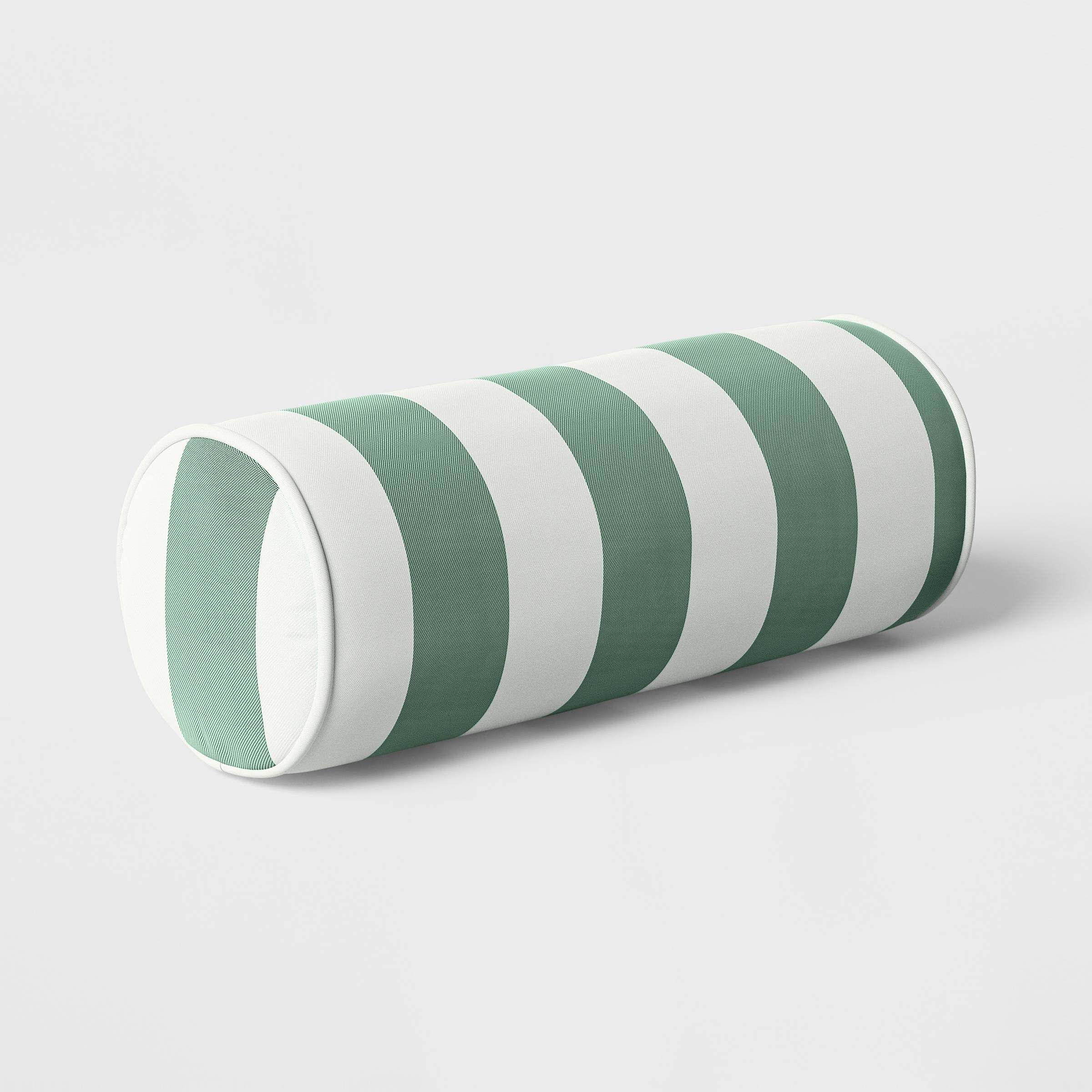 A striped cylindrical bolster pillow on a plain background