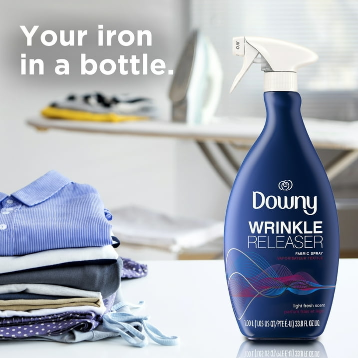Summarized text: Advertisement for Downy Wrinkle Releaser spray, described as an alternative to ironing