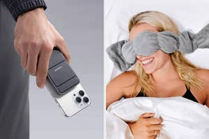 Person in bed smiling with a sleep mask, and a hand holding a smartphone showcasing a camera feature, for a shopping article