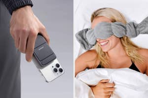 Person in bed smiling with a sleep mask, and a hand holding a smartphone showcasing a camera feature, for a shopping article