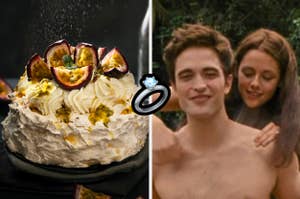 Decorated cake on left; right shows Edward and Bella from "Twilight" smiling.