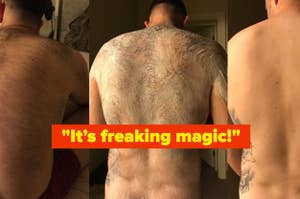 reviewer's husband's hairy back without veet, with veet during, and hairless afterwards