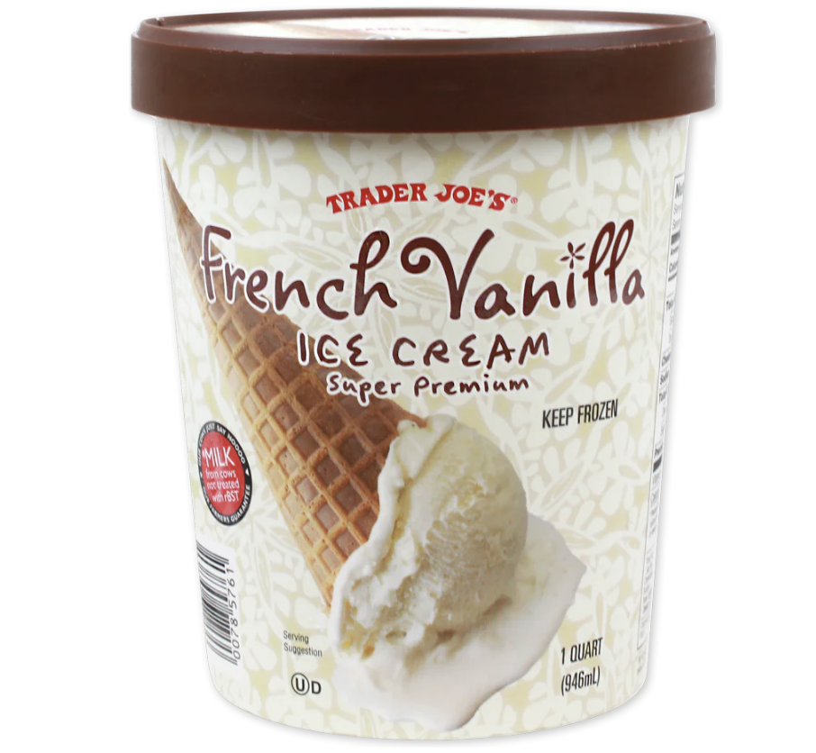 Trader Joe&#x27;s French Vanilla Ice Cream container, super premium label, with a scoop visible