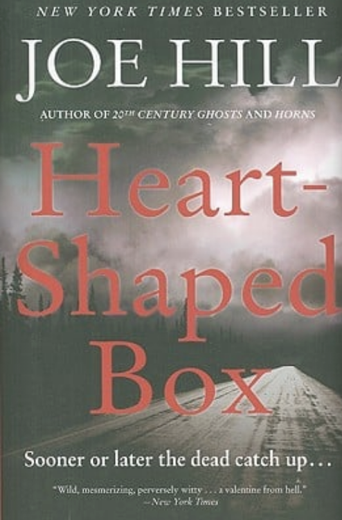 Book cover of &quot;Heart-Shaped Box&quot; by Joe Hill with an ominous road beneath a cloudy sky and the tagline &quot;Sooner or later the dead catch up...&quot;