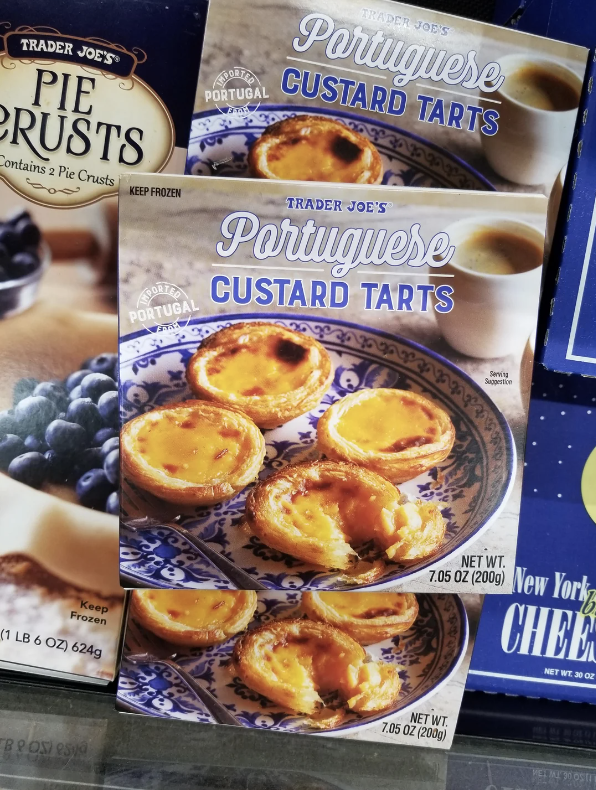 Trader Joe&#x27;s Portuguese Custard Tarts packaging with product image and nutritional information