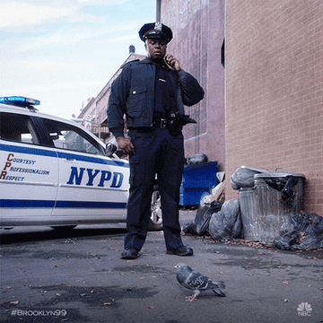 Officer Terry Jeffords from Brooklyn 99 stands by a patrol car, interacting with a pigeon