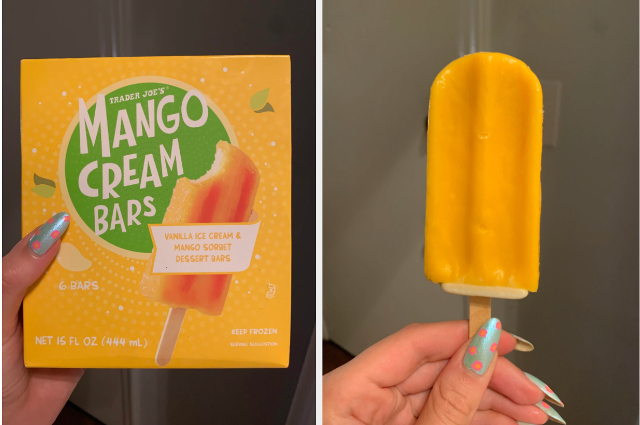 Image of a Mango Cream Bar next to its Trader Joe&#x27;s box. Someone&#x27;s holding the bar, showing a manicured hand