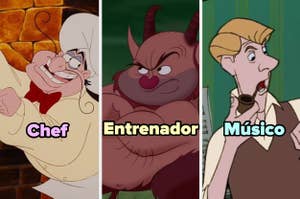 Tres personajes animados de Disney: Chef Louis, Diablo y Victor tocando instrumentos