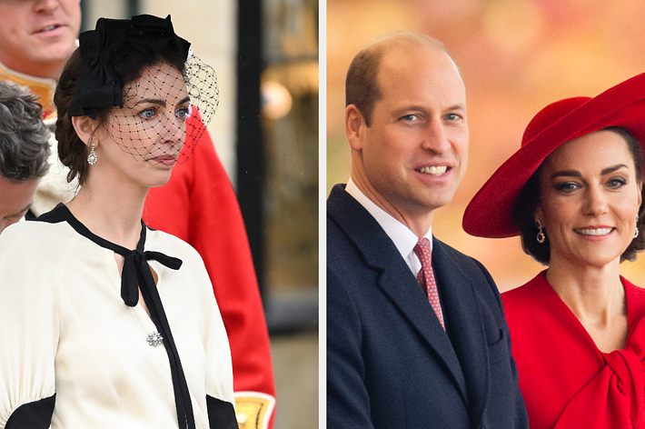 Two images: Left shows a woman in black dress with white trim and veil, right shows a man and woman, woman in red outfit and wide-brim hat