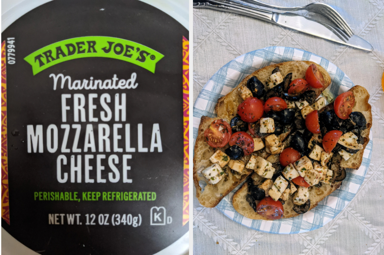 A Trader Joe&#x27;s mozzarella cheese package next to a plate of cheese with tomatoes and basil