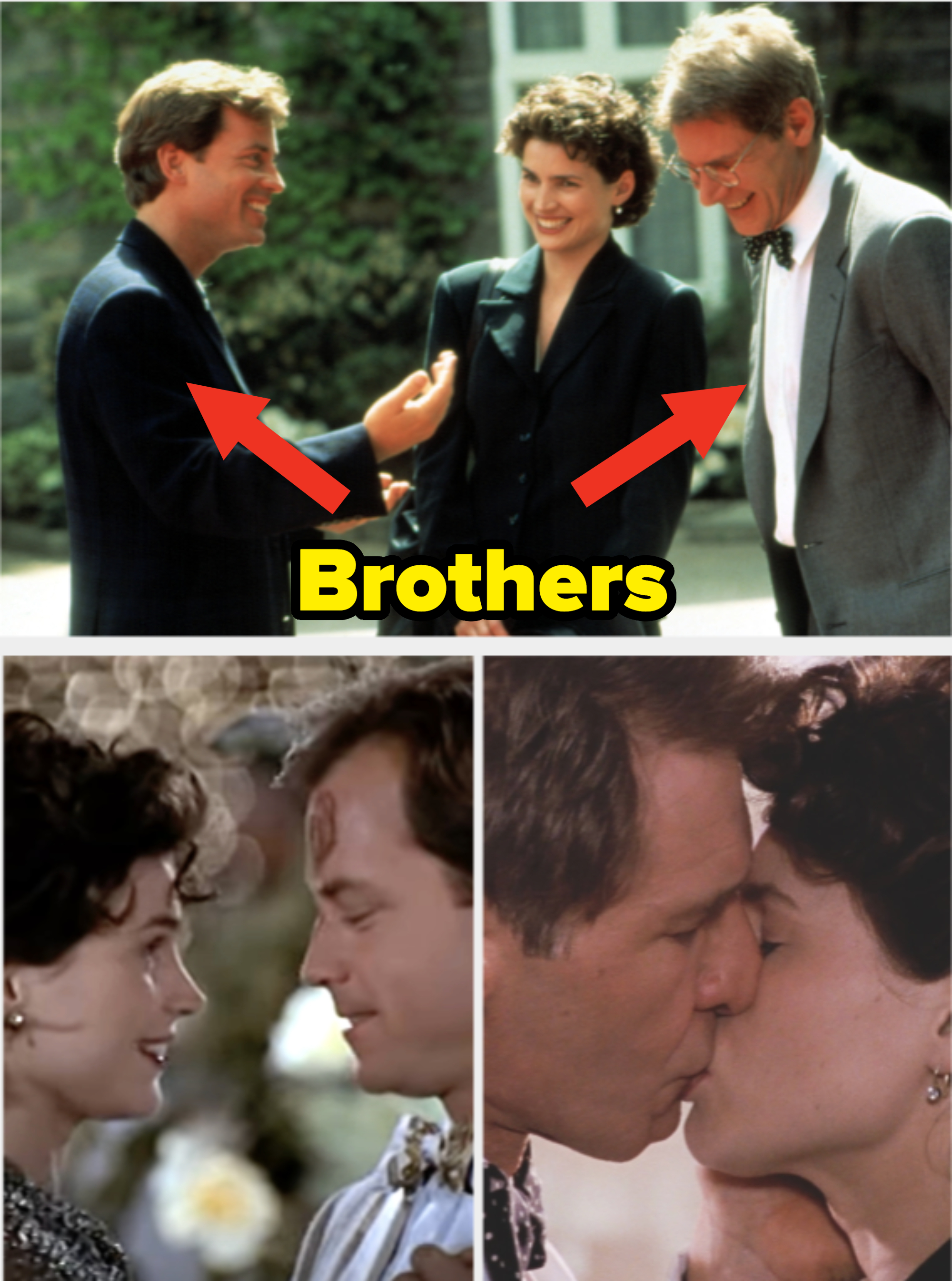Two movie stills: Harrison Ford and Greg Kinnear playing brothers each kiss Julia Ormand in Sabrina