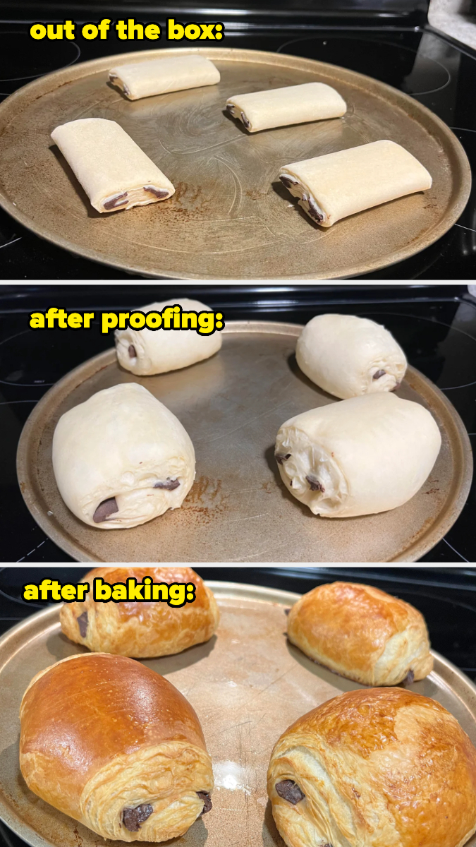 Three stages of pastry preparation: raw, proofed, and baked pastries on a tray
