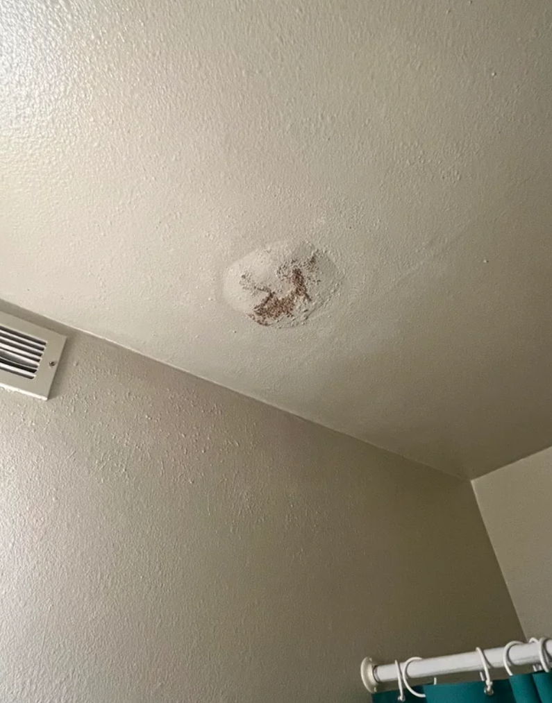 Water damage visible on a bathroom ceiling near an air vent, indicating a need for repair